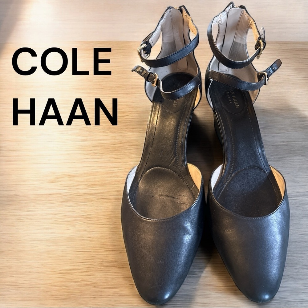 Cole Haan Black Leather Ankle Strap Gold Buckle Zip Back Wedge Pumps Size 10 - Picture 1 of 7
